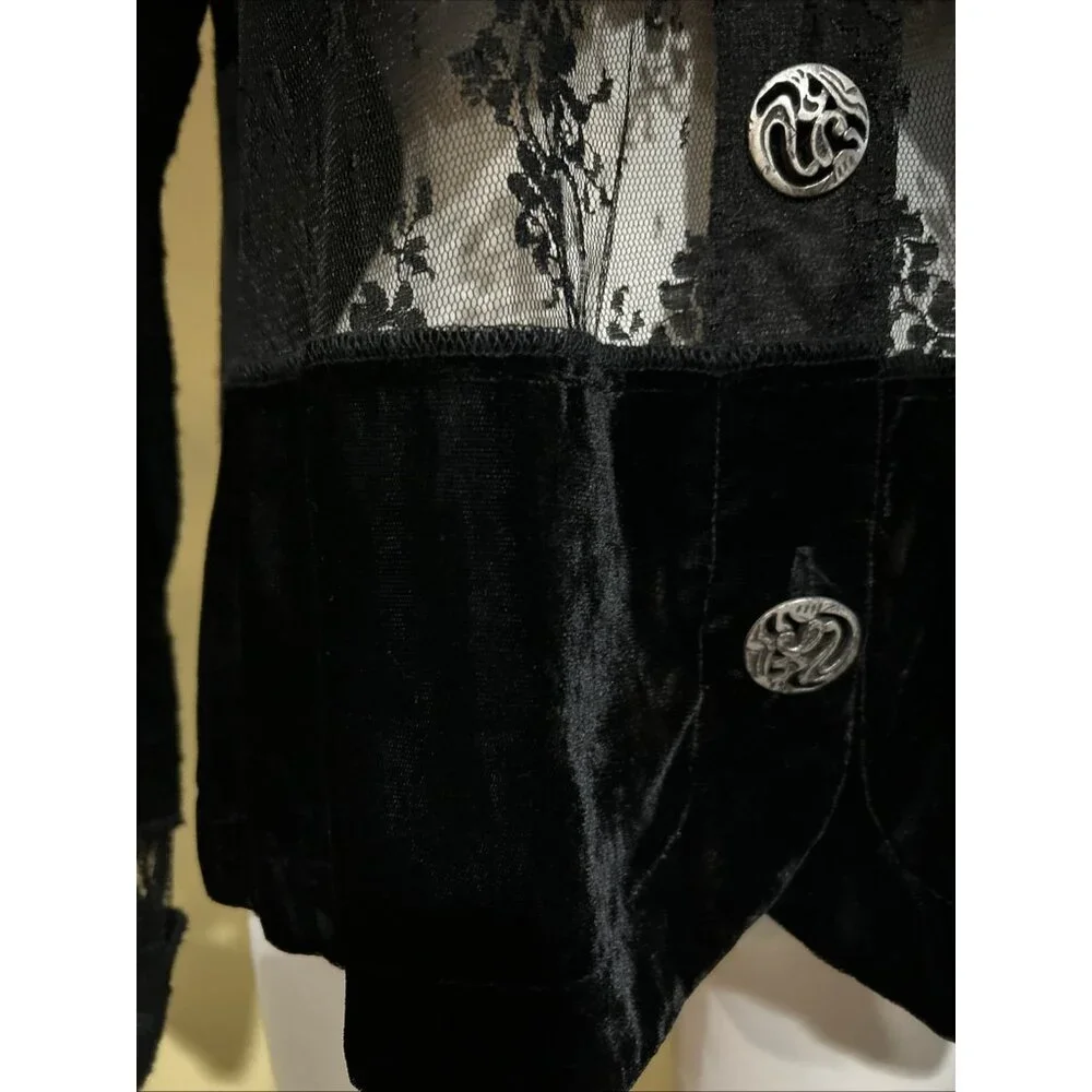 Witchy Jacket Womens L Black Velvet Patchwork Lace Crop Peek WhimsiGoth Fairy - Picture 3 of 13